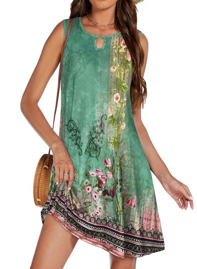 elescat Summer Dresses for Women Casual Sleeveless Sundress Floral Loose Fit Beach Cover Up with Pocket（Dark Sea Green, S - Image 5